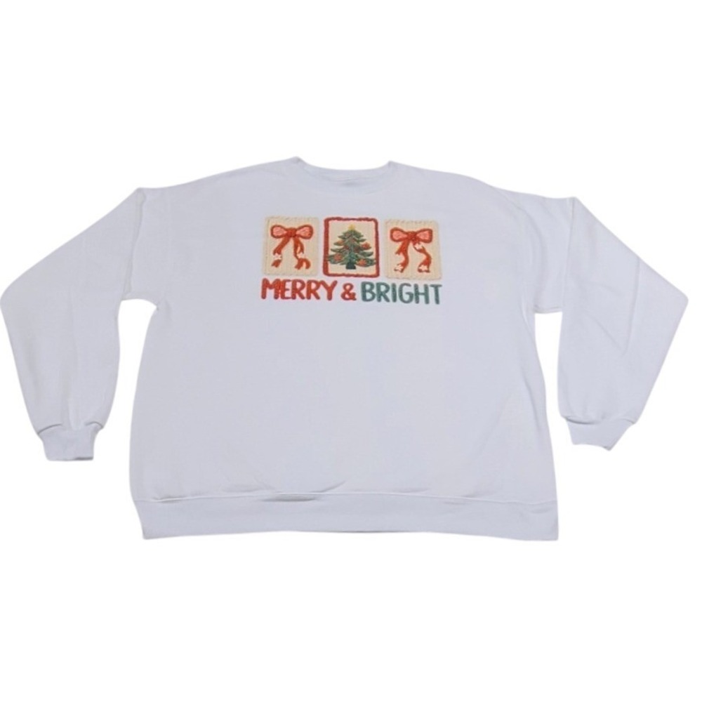White Merry & Bright Christmas Tree Bows Sweatshirt Large